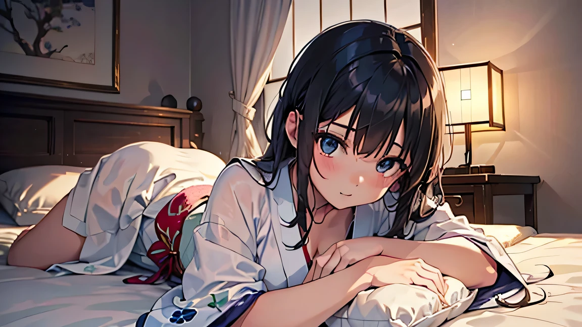 “Japanese manga style ， beautiful woman lying in bed ，with tenderness，A peaceful expression， One hand behind her head ， The other hand gently rests on her stomach ， Wears a traditional Japanese yukata or a simple yet elegant kimono， Her hair is designed as a soft wave ， Subtle lighting emphasizes her relaxed and serene posture ， A cozy bedroom background with exquisite decoration ，Warm and calm tones ， high-detail texture ， A calm and intimate atmosphere with a hint of elegance 。”