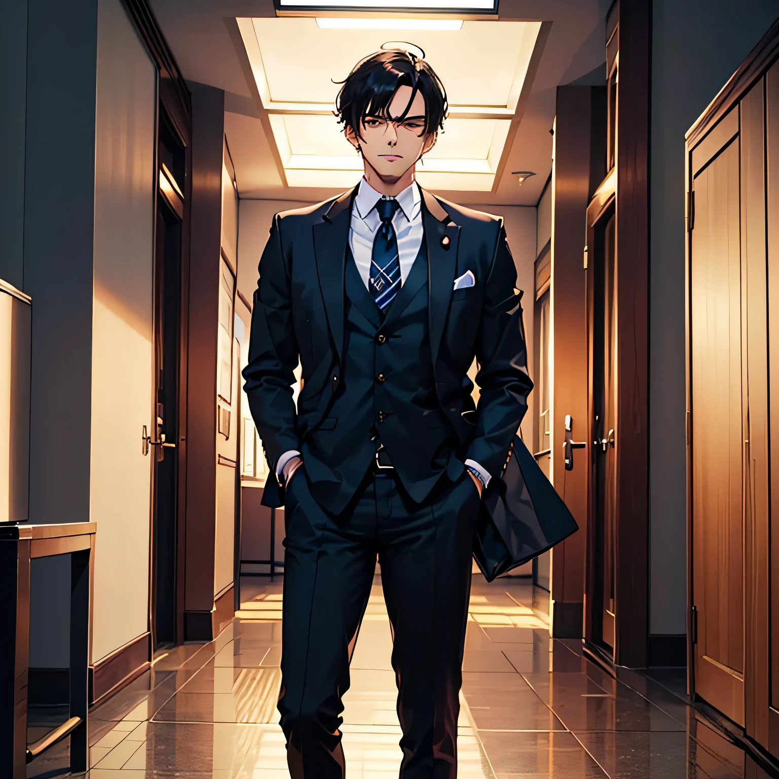 “Japanese manga style ，Handsome young male CEO ，Wearing a neat suit，Standing confidently ， full of contempt and arrogance ， Detailed Facial Features， fierce and sharp eyes ， dynamic and elegant posture ，Smooth hair， Modern office background with high-end decor ， Dramatic lighting highlights his confident aura， Highly Detailed Textures ， powerful presence and authority” 