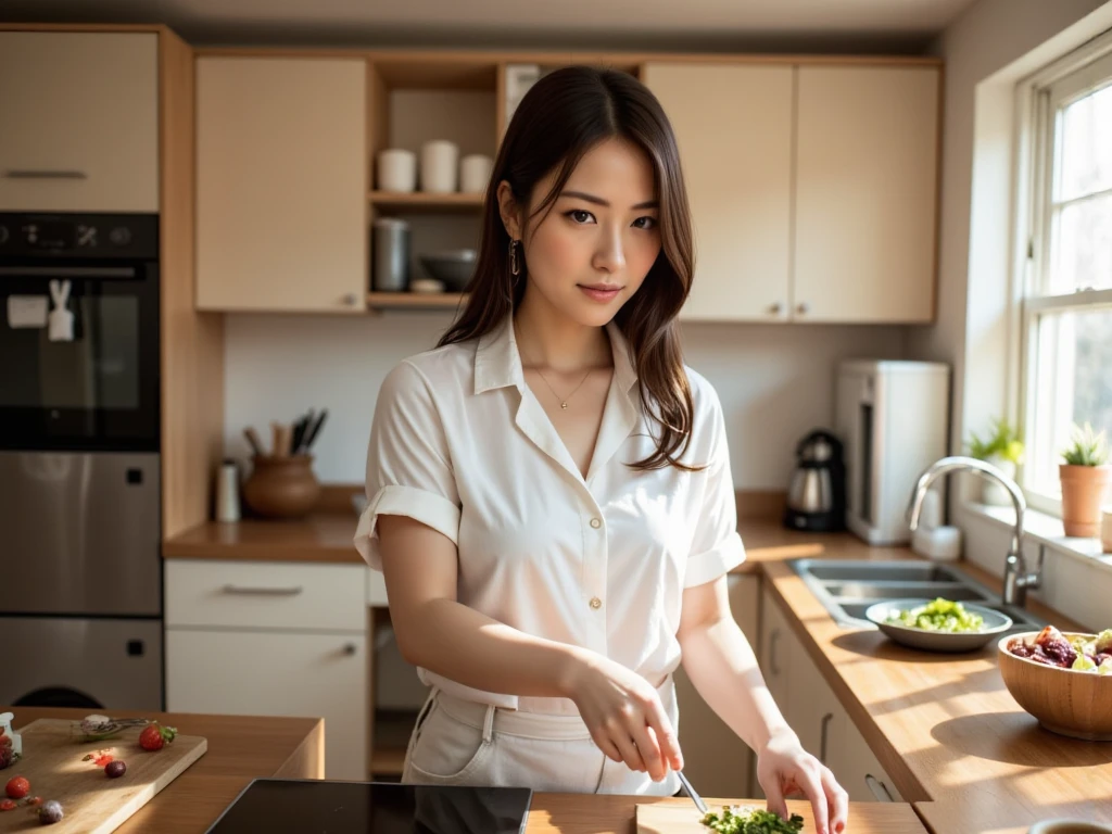 A woman standing in the kitchen cooking　Full body view from above　