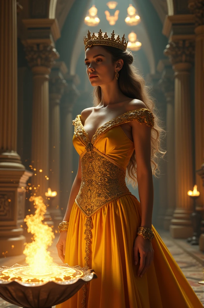 Create an ultra-HD 4K quality, highly realistic image of”A royal queen dressed in a luxurious golden gown, standing in a mysterious palace hall with an enigmatic glowing genie appearing from a mystical lamp.”