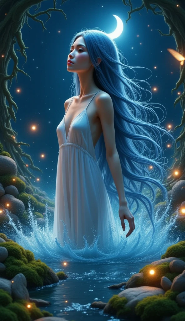 zrpgstyle, from_side from_below beautiful scary woman made of water (sadness expression:1.2) woman with (long water hair:1.2) rising out of the water moss smoke vines churning water fireflies midnight moonlight backlight (masterpiece:1.2) (best quality) (detailed) (intricate) (8k) (HDR) (wallpaper) (cinematic lighting) (sharp focus)