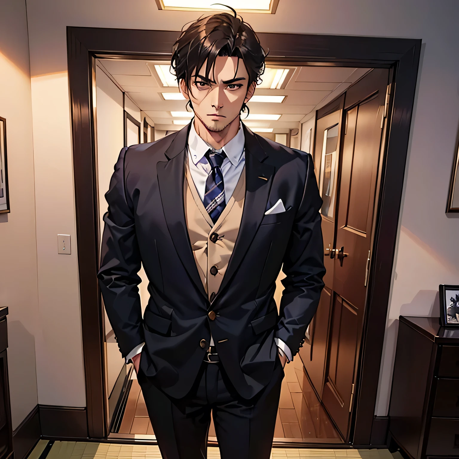 “Japanese manga style ，Handsome young male CEO ，Wearing a neat suit，Standing confidently ， full of contempt and arrogance ， Detailed Facial Features， fierce and sharp eyes ， dynamic and elegant posture ，Smooth hair， Modern office background with high-end decor ， Dramatic lighting highlights his confident aura， Highly Detailed Textures ， powerful presence and authority” 