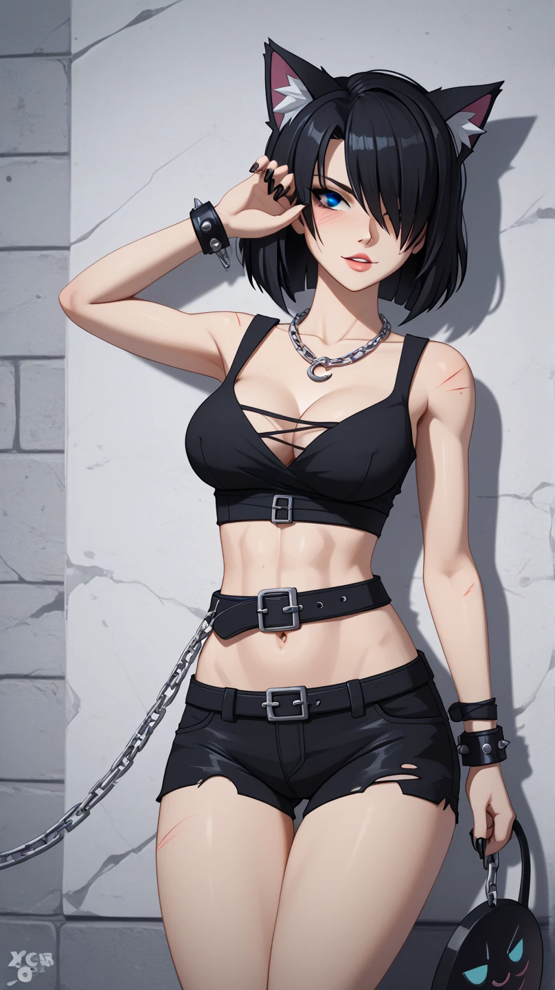 ((รายละเอียดสูงสุด)), ((คุณภาพดี)), (( ดีที่สุด )), (( 4K )), (( Ultra HD )), หญิงสาว, short black hair bangs over one eye, black eye, girl, wrap, black shorts with scratches, put on black claws, black chain necklace, black cat ear