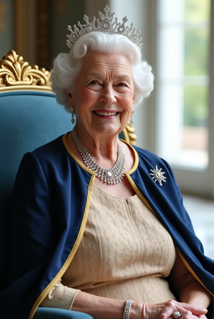 close-up of queen elizabeth 80yo, she is wearing a (white shiffon blouse:1.4) with a pearl necklace and a (black skirt). (sucking a penis:1.4). The background appears to be a room with a stone wall and a window.