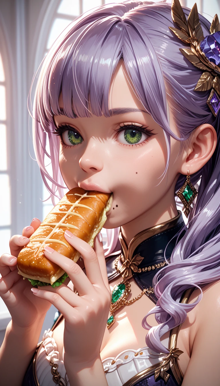 (White Background:1.5)One girl is surprised at how delicious the pickles are when she put them in her mouth, Sitting at the table、Beautiful and detailed, Purple long hair, Pale purple eyes, Princess Dress,Impressionist art