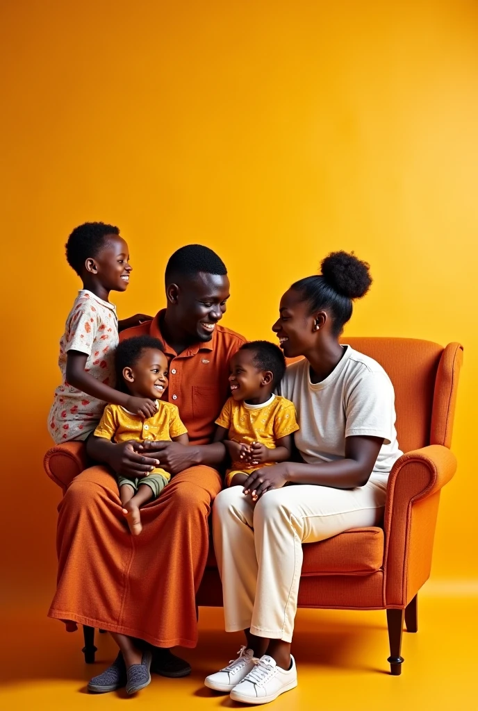 Create an Ultra HD 8K image of a beautiful double exposure representing a happy Senegalese family. The father and mother are sitting in a chair, surrounded by their and . The decor should be bright, with shades of orange and white, evoking a warm and friendly atmosphere