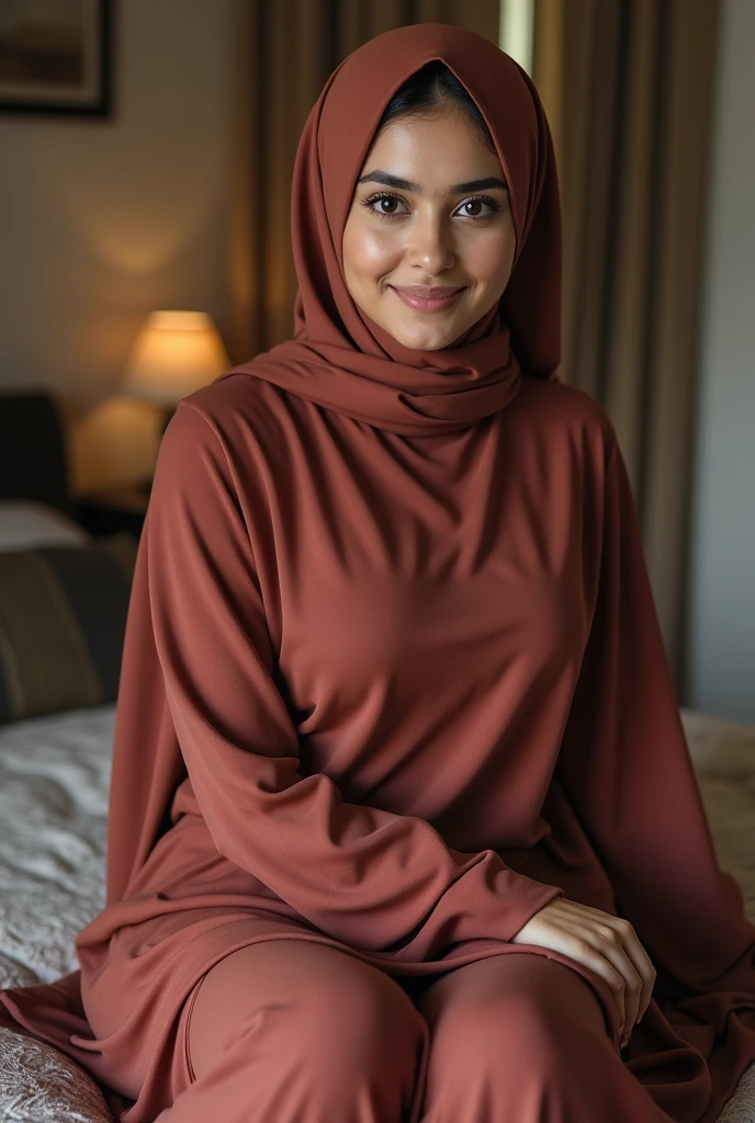Malay girl in hijab wearing sexy redcolor pajamas portrait photography, mid shot photo, ultra detail, professional photograph with professional lighting, smile, light blue studio background, sexy seducing pose, curvy