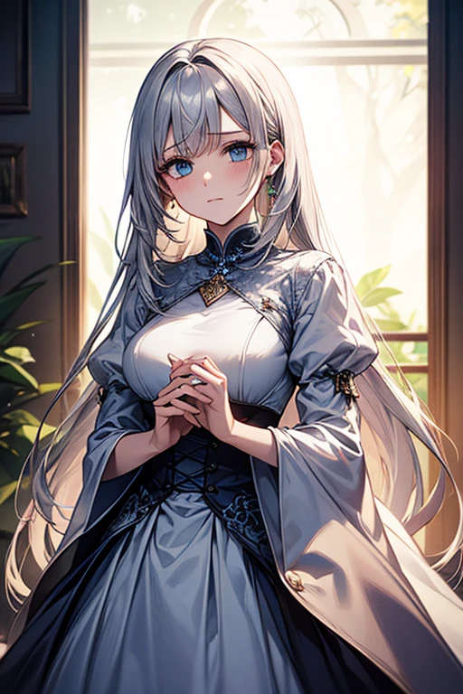 (Highest quality, High resolution, Very detailed), Beautiful and elegant light blue eyes, Silver Hair, Cold Smile, Long Hair, Blue Party Dresses, Formal Wear, lace thong, 27 years old, Cruel smile, Calm, secretary, Pale complexion, Calm,  venue, Blue long sleeve dress, 

