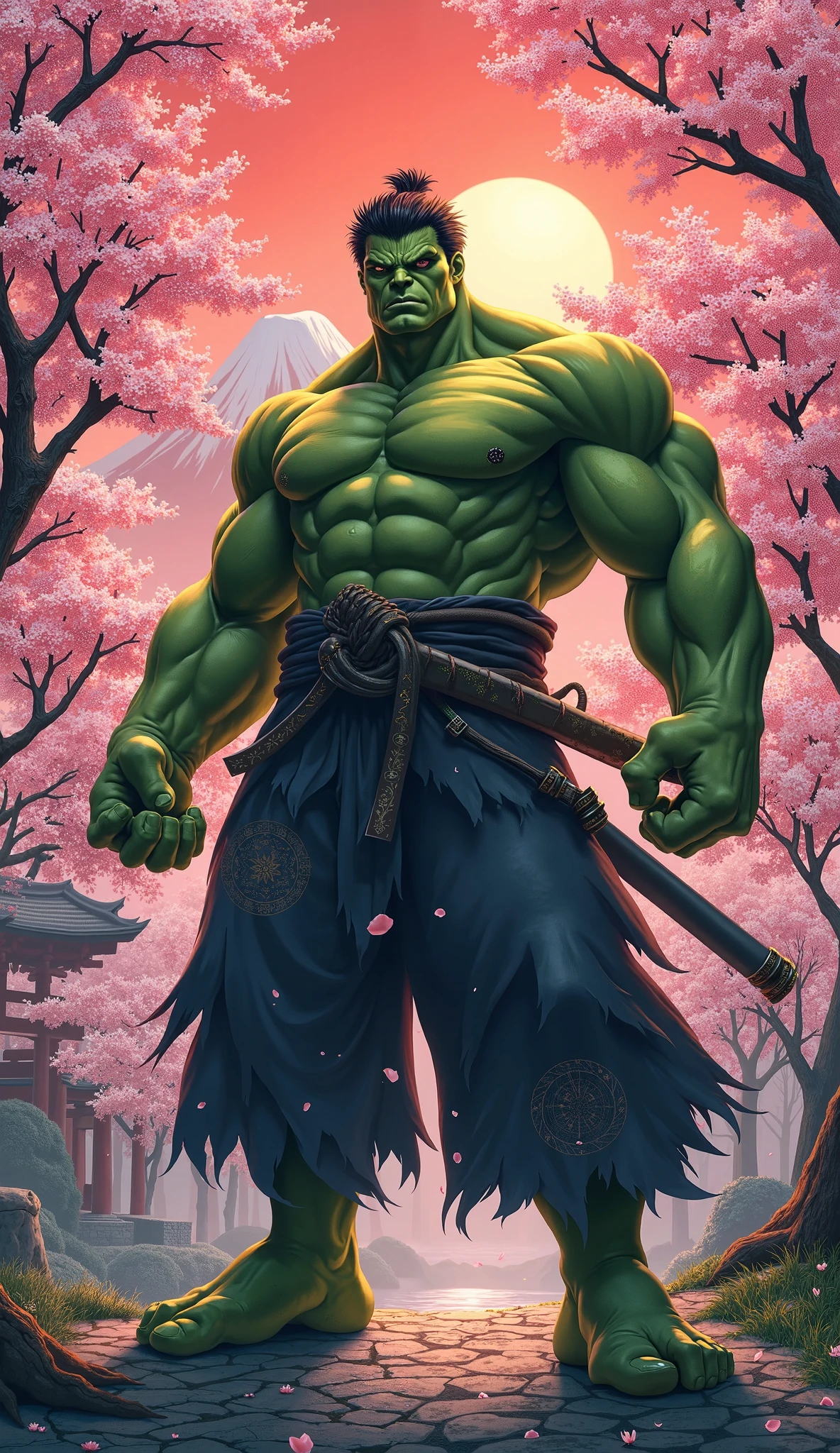 ((brown skinned half-orc transformed into a half-panda half-man posing in the foreground)), shot in 4k, ((bamboo forest, cherry blossoms falling in the background, a gentle wind, sunny day, river))=1.3, contented face:bemused, looking at viewer, masterpiece, vibrant lighting, ultrarealistic, beautiful eyes, age 27, cinematic lighting, (((demonic cherry blossoms falling in background))), (angle from below), (age 30 male), (celestial bioluminescent eyes), ((breath-taking sunset:purple)), (((masterpiece)))=1.6