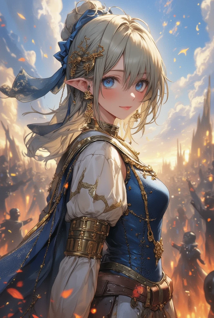 masterpiece, best quality, (Extremely detailed 8k unity CG wallpaper), (best illustration), (best shadow), Realistic lighting, beautiful detailed glow, ((21 years old)), girl, short pale mint colored hair, jewel accessories, heavy inspired by greeks accessories design and clothes, a woman knight, captain of war, woman knight with sword, background is bloody war, short hair, BLUE EYES with white star pupil, wearing thin blue satin ribbon in her hair. full body. deep blue jewelry. less revealing part, royal knights looks. outfit color is mix white, yellow gold, and blue. COLD expression. holding SWORD