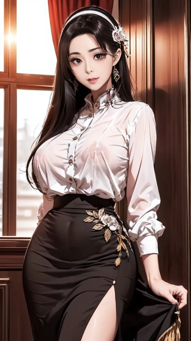 Beauty，Long hair。Beautiful face，big eyes，Double eyelids，Long eyelashes。Perfect body。White and tender skin。Full breasts，Thin waist。Hips，Long legs。miniskirt，Plump thighs exposed。Back to the audience。