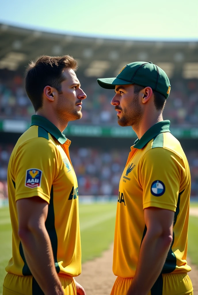 a big tv in tv make a pic CSA 🇿🇦 🆚 AUS 🇦🇺 WITH TWO PLAYERS INE WEARING VSA JERSEY AND INE WEARING AUSTRALIA JERSEY AND THEL BOHT LOOKING AT EACH ither with anger 

and some  mens. people  are watching this match 
and tese people one wearing Indian jersey ine wearing Pakistan jersey one wearing England jersey one wearing Sri Lanka jersey ine wearing West Indies jersey ine wearing new Zealand jersey 