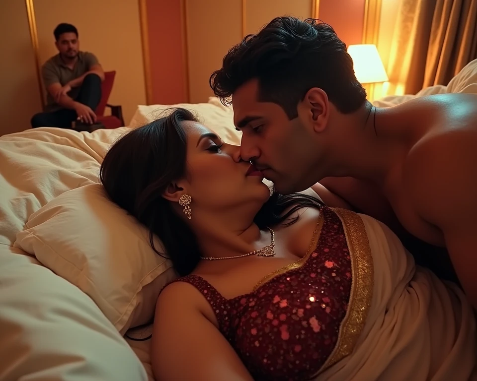 indian actress is in the shooting spot. she is doing a romantic scene on bed with another actor. male actor lying on bed, she is riding on him revealing her breast, she is wearing a sheer white sari, man touches her breast, there are technicians around.