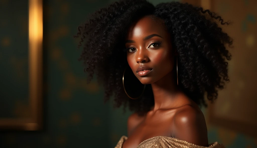 there is a black woman , the woman has, she has dark skin, with dark brownish skin, with long curly, long black loose moisturised curly hair she os modelling for a vogue photo shoot in an extravagant outfit