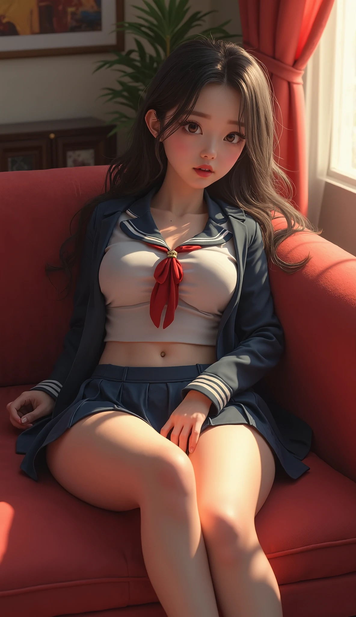 Masterpiece, ultra-realistic picture quality, real person, a girl, (Chinese girl) sitting on a sofa, curled up, hands on knees, suspenders, no bra, no panties, minora), miniskirt, HD picture quality, realistic picture quality, real person, slender legs, realistic face, (perfect face), photo, photography, absurd.