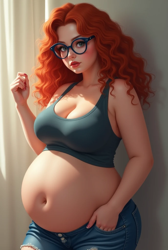 Retro, plump pregnant, red hair, thick hips, huge fat juicy butt, huge pregnant belly, juicy cleavage, wearing tight tank top and flowing beige Bohemia pants, biting bottom lip, light makeup, hands on hips, side view 