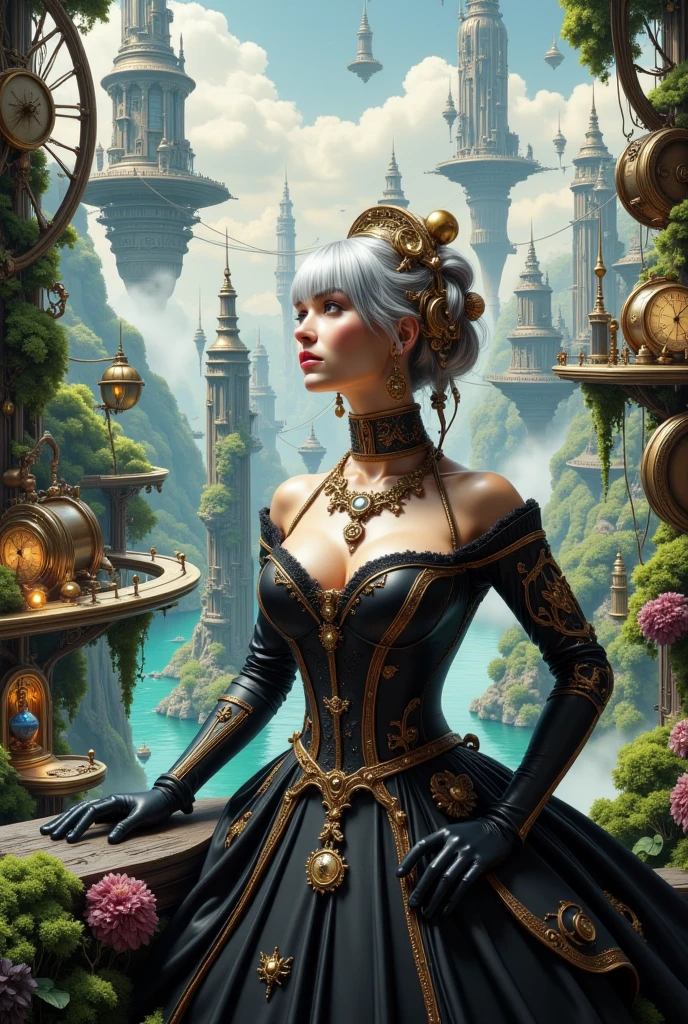 A detailed illustration of a futuristic universe blending steampunk aesthetics and ecological architecture. In the foreground, an elegant young curvy woman embodies the steampunk spirit: she wears a black dress adorned with intricate golden embroidery, a Victorian lace collar, and sophisticated accessories made of gears and jewelry encrusted with precious stones. Her silver hair floats around her radiant face, adorned with metallic flowers and miniature clocks. In the background, a majestic futuristic city stretches endlessly, composed of organic skyscrapers covered in lush greenery and turquoise rivers winding between the buildings. Suspended bridges connect the structures, and the sky is dotted with floating spheres and soft light. The atmosphere combines mystery, retro-futuristic elegance, and technological harmony with nature.