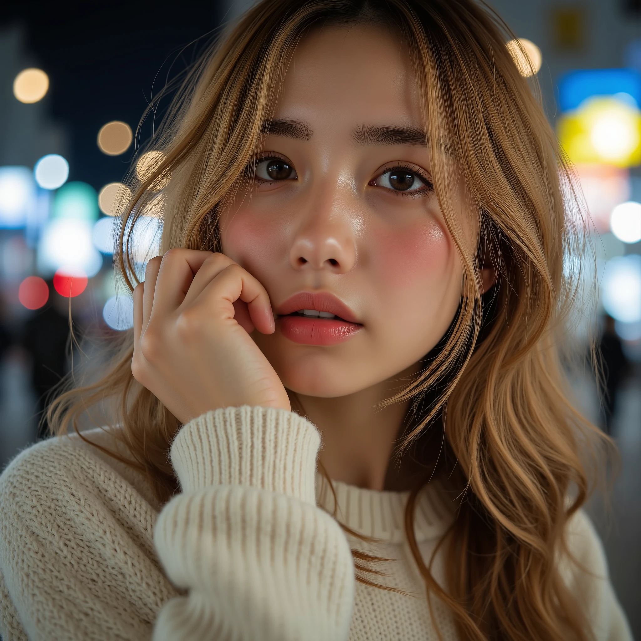  super realistic capture ,  very detailed,   high-resolution 16k close-up of human skin .  The texture of the skin is 、 while the illumination shines  ,   with enough detail to be able to identify pores in detail. Healthy skin appearance ,  In a unified tone .  use natural light and color ,  Japanese 、  gal、 Blonde is long、  straight hair、  selfie 、A friend sitting on a chair and touching a cell phone   、Age 15、  very cute、 White knit sweater、  Grey Pleated Mini Skirt、 Beautiful Legs、 slender 、  black knee-high boots 、Very realistic eyes 、  cute pose、whole body、Night City、 Illuminations