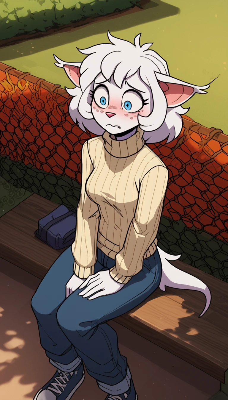 1 girl, anthropus bat, byry, by, fluffy by, The bat girl , slightly nervous , linda, loose pants, turtleneck sweater, seen from the side , sitting in a park , score_9, score_8_above, score_7_above, score_6_above, score_5_above, score_4_above, white skin with freckles .