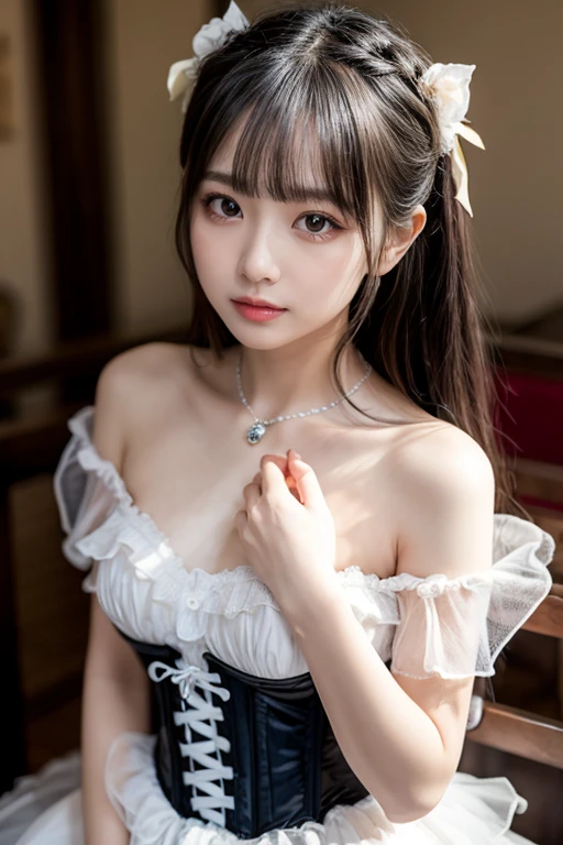 (nsfw), sexy stylish Thai model, only 1 female, ((doll-like appearance)), short Auburn stylish hair, ((shiny Victorian-Style boots)), (big smile), ultra detailed eyes, vivid eye makeup, lipgloss, long lashes, defined eyebrows, ((sexy Paradise Kiss cosplay)), bell-shaped skirt, petticoats, high neckline, puffed sleeves, ((ultra detailed lace)), ((ultra detailed embroidery)), intricate details, Paradise Kiss accessoires and matching headpiece, choker, ((large sparkling Paradise Kiss jewelry)), cinematic light, detailed large park background with trees