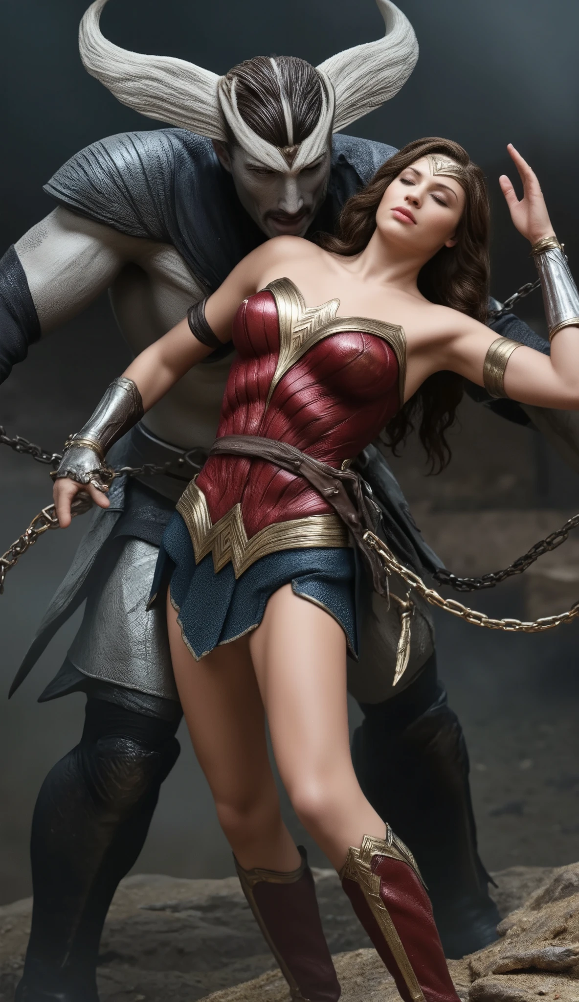 Gal Gadot is Wonder woman, fighting with the Steppenwolf, a very beautiful Gal Gadot face, very bright white skin, brown hair, painful face, unconscious, eyes close, dirty body, bound arms by chain behind her back, she is defeated, the Steppenwolf severely assault from front of wonder woman, face to face, a huge body fierce Steppenwolf is carrying Wonder woman body, the Steppenwolf is taller than Wonder woman, photorealistic, hyper realistic, whole body visible, in the night, ancient myth war,