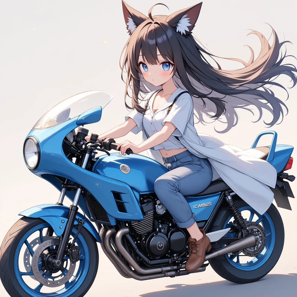  1 girl、 long hair、 blue eyes、 brown hair、Fox Ears、Tail、 white shirt、 blue jeans 、 brown boots、whole body、 are expressionless、I'm riding a blue motorcycle、　+  matte brown skin  +  top quality,  