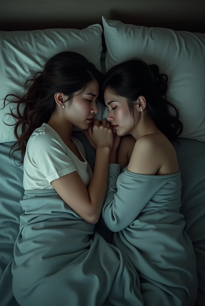 two women cuddling, sleeping, bedroom, dark atmosphere, night time, one window