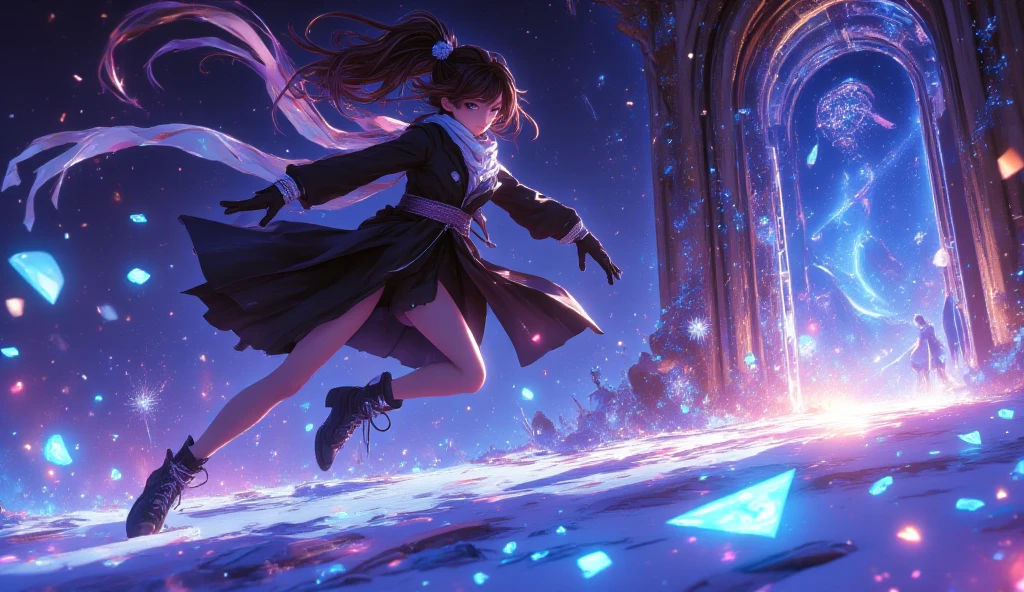  prompt information ： anime style、Draw in fantasy style

compositions: The main character is in the dark 、 fragments of light floating in the air （Phantom Glow） chasing 。 she has a strong determination 、風に舞う髪andコートが動きを感じさせる。 stars shining in the night sky spreading in the background 々and、遠くにぼんやりand光る幻想的な扉が描かれている。

 vibe: Mysterious and fantastic、 and makes you feel passionate hope 。 in a color that feels a cold wind 、 warm light creates contrast 。

color: 深い青and黒を基調に、 The fragments of light shine bright gold and white 。 The starry sky in the background is mixed with purple and pink gradations、 emphasizes dreamy impressions 。

Character's attire: シンプルながらスタイリッシュな黒いコートand、 A long scarf that emphasizes movement 。 Small items such as boots and belts are also sophisticated 。

 pose: Stretch one hand out in front、光の欠片を掴もうandする瞬間。 her other hand is naturally next to her body 。 and her feet leap lightly Movement like 。