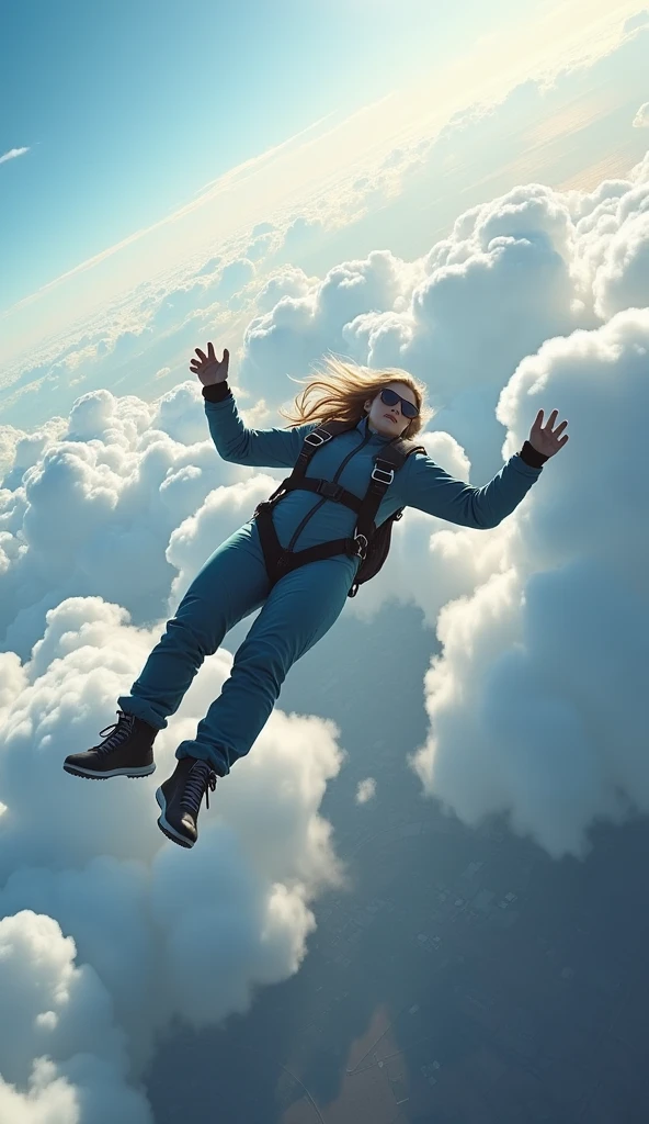 A skydiver freefalling with a view of the vast clouds and the ground far below.
