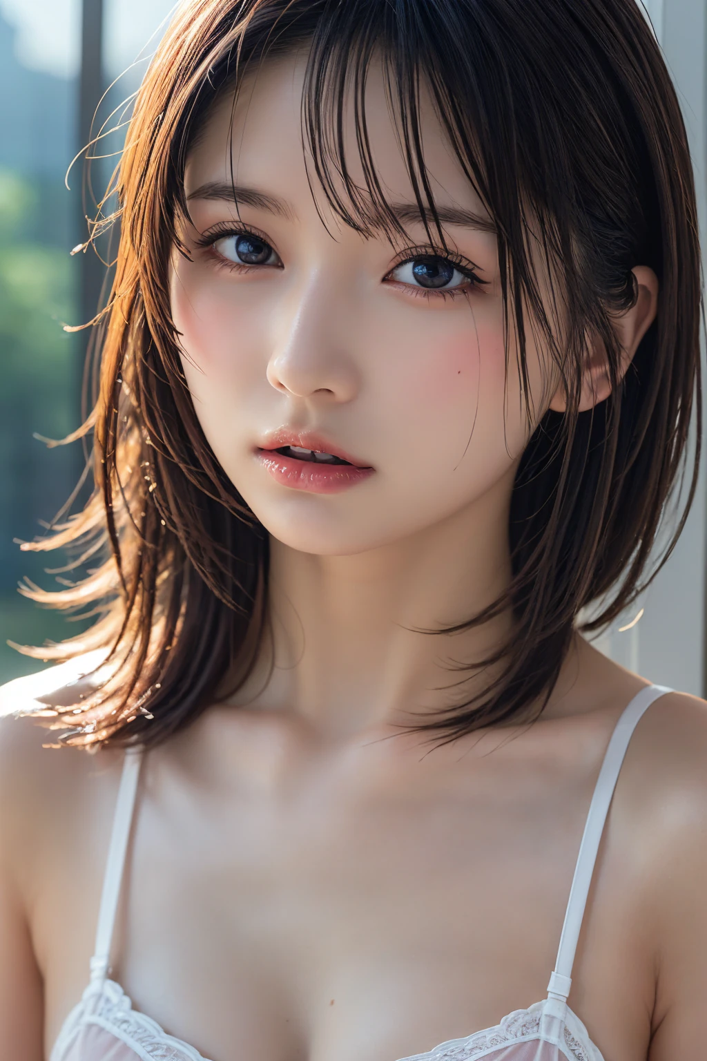 ８K, portrait, portrait, (alone), masterpiece, highest quality, １girl、small breasts、 (((slim)))、(flat body:1.5)、、cute、inverted triangle face、、((upper shot))、pink hair、white skin、bright blue eyes、dark lighting、concentrated expression、(highly detailed skin、skin details)、sharp focus、、intricate details、very detailed, Cluttered and detailed background