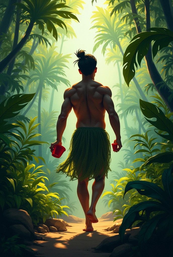 Realistic 8K image, 33 year old, Indonesian guy, handsome, full body, raises one of his arms to pick up a fruit on a very beautiful tree, the day is clear and clean, image shown from afar, hairy chest, fit body, tanned skin, muscular