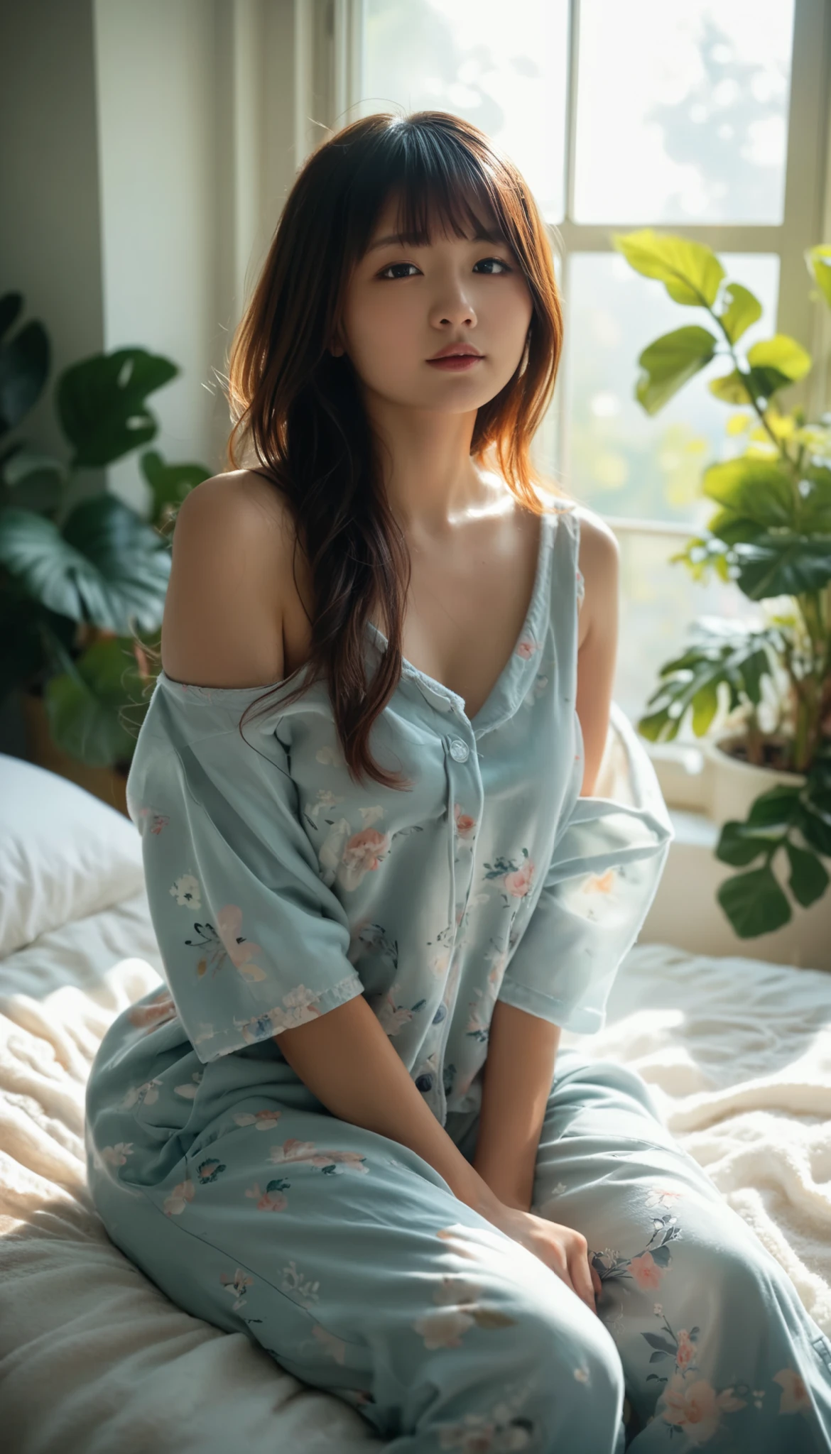 ( Photorealism :1.2), beautiful Japanese woman, sit on the bed, She wears a loose top with a wide open shoulder line., Pajama pants, long curl hair, indoor, soft lighting , Background plants, windows that let sunlight in, cozy room , Relaxed Posture , realistic, intricate details, Warm colors,