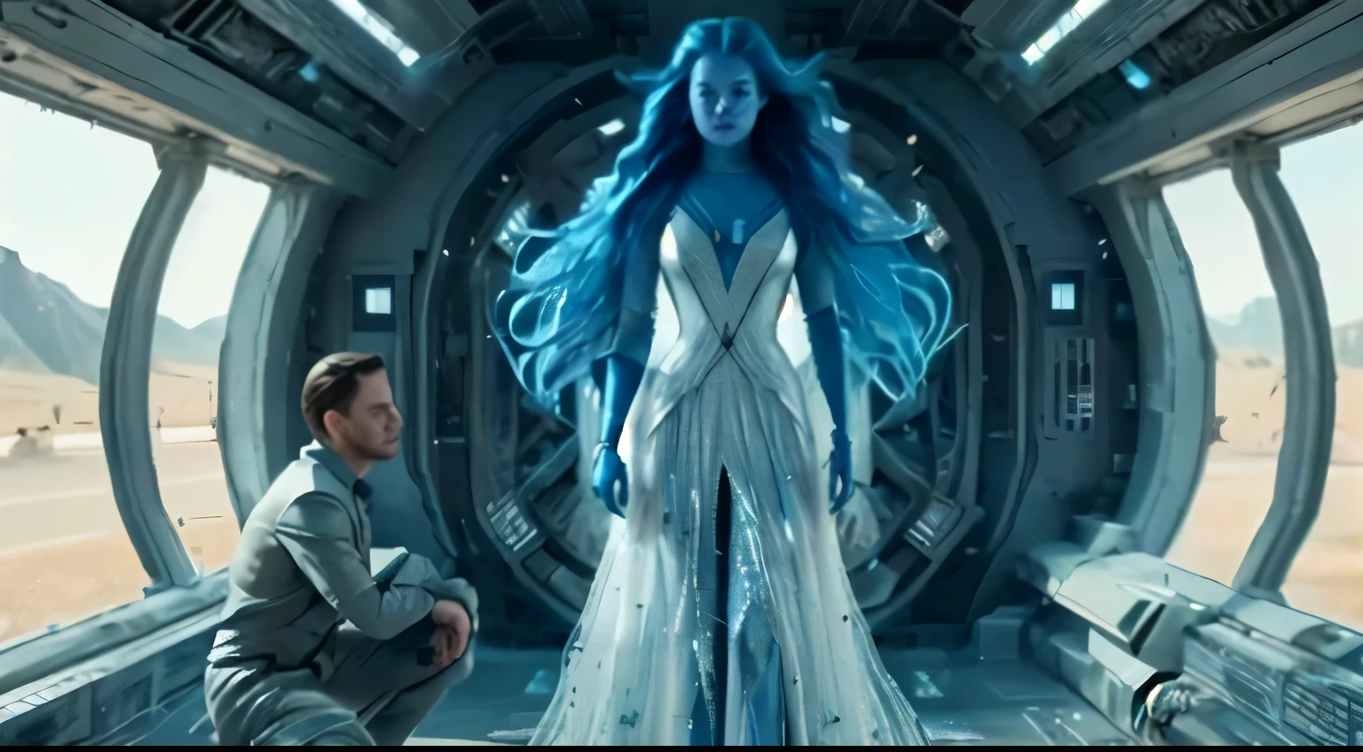 a man kneeling down next to a woman in a dress, in a scifi movie, elle fanning as an android, she has pale blue skin!!!, new scifi movie, [ cinematic, vfx movie, sci-fi movie, sci - fi movie, fantasy and cosmic horror movie, incredible vfx, stunning vfx, cinematic jennifer lawrence, epic scifi movie still, hyper realistic image