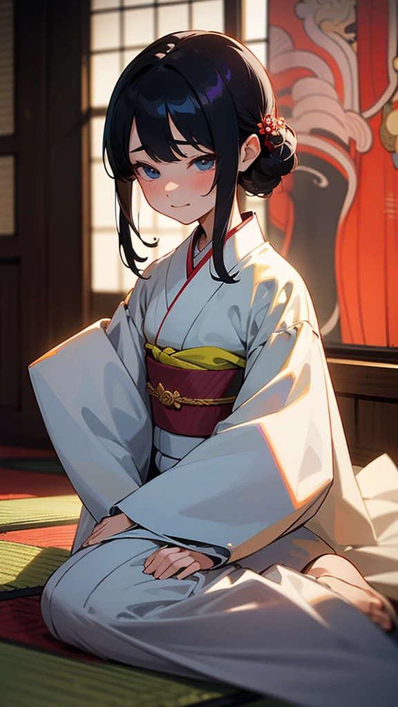 A girl,seiza、furisode , kimono, Ukiyo-e prints with complex structures,sitting,smile,emarrassed ,blue eyes,long black hair , inside the room, image must be Ultra HD, anatomically accurate, and rendered in great detail for the highest quality results.embarrassed expression,