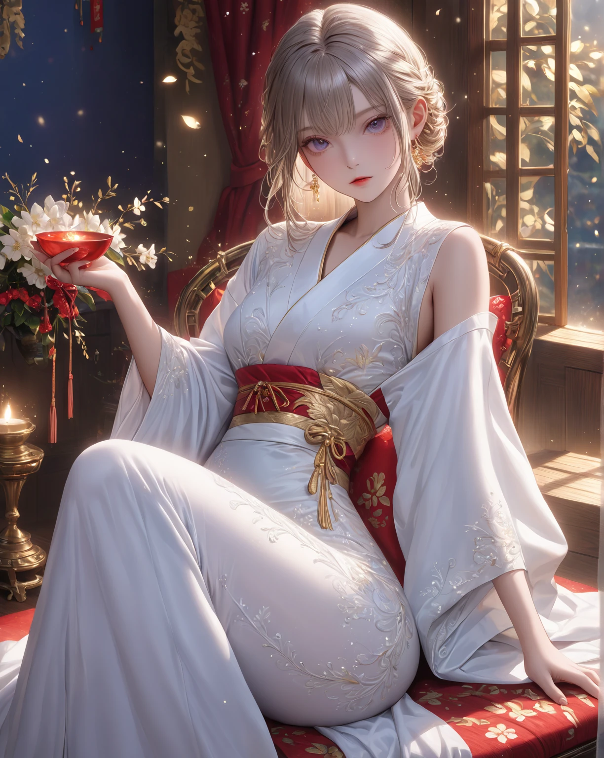 ((((masterpiece, Best Quality, High resolution)))), extremely detailed 8K, sexy Beautiful japanses teen girl with slim body, (Ultra HD, Ultra-detailed, Highly detailed, Highly realistic, Ultra-realistic, photos realistic), (1girl:1.5), blonde hair, short bob cut like, (dynamic poses), facing at camera, light smile, (huge breasts: 1.2), (beautiful detailed face, Beautiful detailed eyes), Anatomically accurate hands structure, Anatomically accurate fingers structure,(long sexy Glossy silk see-through japanese shrine maiden's attire,golden dragon embroidery:1.5), (front button of japanese shrine maiden's attire not fastned and breasts part widely open:1.5), Glow, Sweat, (rays of sunshine, Sunlight),(topless), sexy long legs, nakeness,bared chest,Sexy, Blushing,look up to the sky, (widely spacious royal palace garden:1.2), ultra realistic wide landscape, photogenic scenery, spot light on face