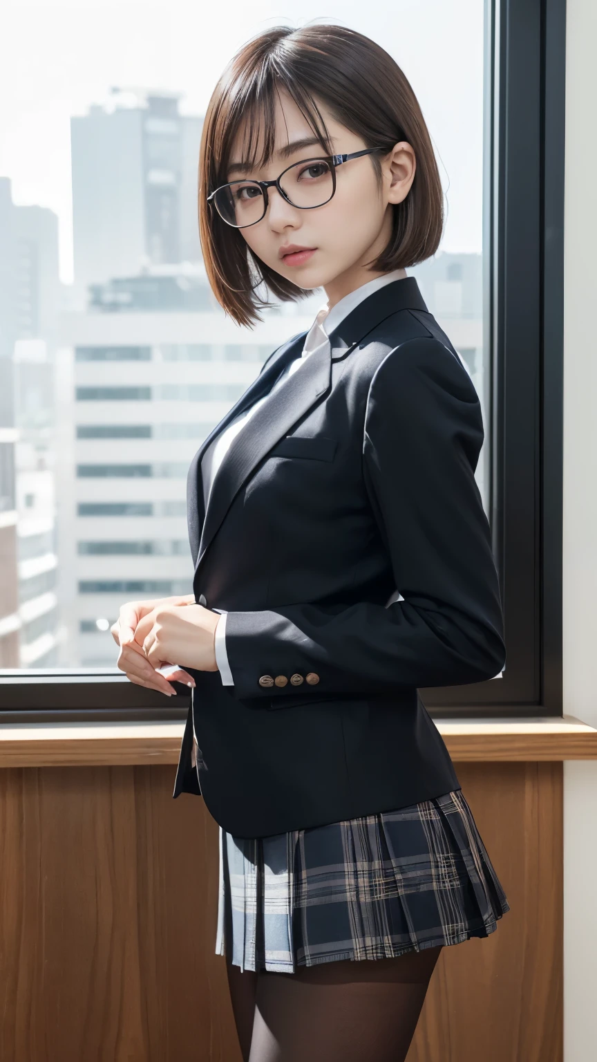 muste piece, best quality, illustration, Super detailed, fine details, High resolution, 8K,wall paper, perfect dynamic composition,(Details High quality, realistic depiction of eyes:1.3), from side, short hair, (wavy hair:1.2), Office Lady, ,Suit,Collared shirt, Black Suit,Black jacket, huge breasts,  black hair color, Big Natural Color Lip, bold sexy pose, crying a little、cold gaze, Harajuku style、20 year old girl、cute type、lolita、beautiful legs, hotel room, full body photo、focus on crotch, hposing Gravure Idol, Sexy shot looking at camera, Sunset, by the window, Summer, make up, Curve