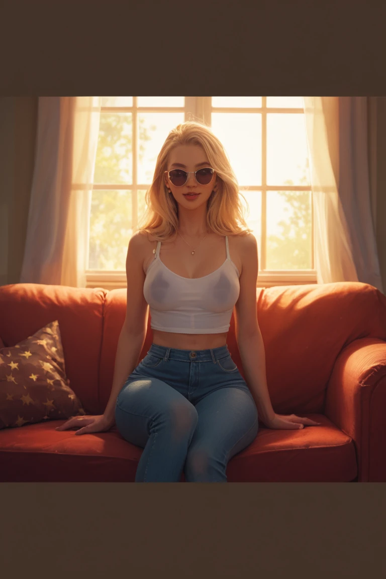 analog style, best quality, gorgeous woman sitting by window with headphones on, wearing white bra with translucent shirt over, soft lips, strawberry blonde hair, octane render, unreal engine, photograph, realistic skin texture, photorealistic, hyper realism, highly detailed, 85mm portrait photography, award winning, hard rim lighting photography