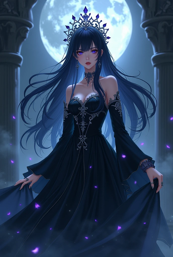 Woman Long Wavy Dark Hair Blue Hair, kblack eyes, Cosmic Flow, Sheer clothing, An atmosphere of lust, Dark Purple Color Scheme Dress, Sleek style, Detailed fabric pleats, fluffy skirt, Drapes