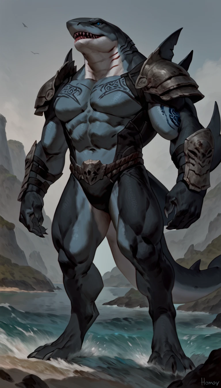 sharkman, anthro megalodon, hunk, black and blue hands and fins, black back, solo, big arms, bara, detailed smooth skin, lizard shark hybrid, anthro, closed mouth, predatory grin, detailed scales, muscular, thick legs, proporcional body, wide chest, trapezoid body type, marked jaw, thick shark tail, armless bodysuit, best quality, 4k, ultra-detailed, by Buta99, by honovy, detailed illustration of 4K horror, island beach scenery, wearing armor, tribal shark tattoos on the body, standing near water