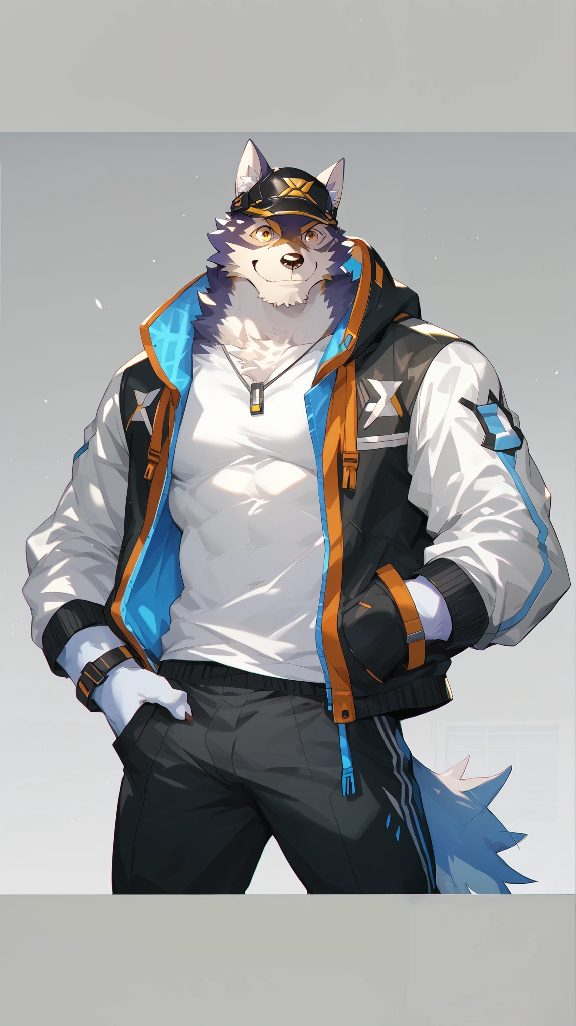 score_9, score_8_up, score_7_up, high quality, hires, solo, live a hero, furry, dog boy, muscular male, yellow eyes, tail wag, happy, room,