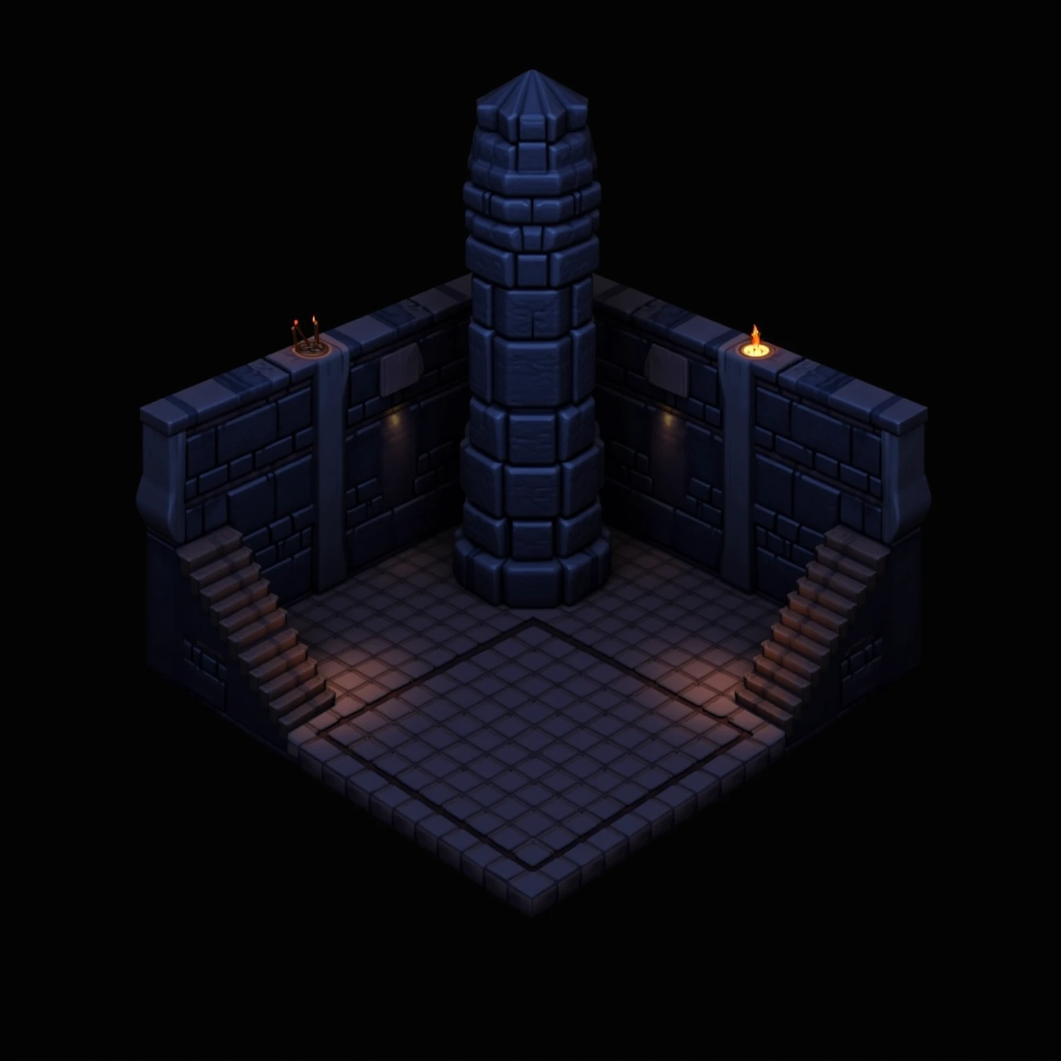 Design a 3D medieval-style dungeon interior with stone walls, wooden floors, and a central pillar. The walls are constructed from dark blue-gray bricks, and the central feature is a large, tapered stone pillar with intricate brickwork. Wooden beams and planks are used for the ceiling and flooring, creating a contrast with the stone. Staircases on the left and right lead to elevated platforms, and small glowing torches are embedded into the walls, providing a warm, ambient light. The overall atmosphere is dark and moody, evoking a sense of mystery and exploration in a classic fantasy dungeon setting.