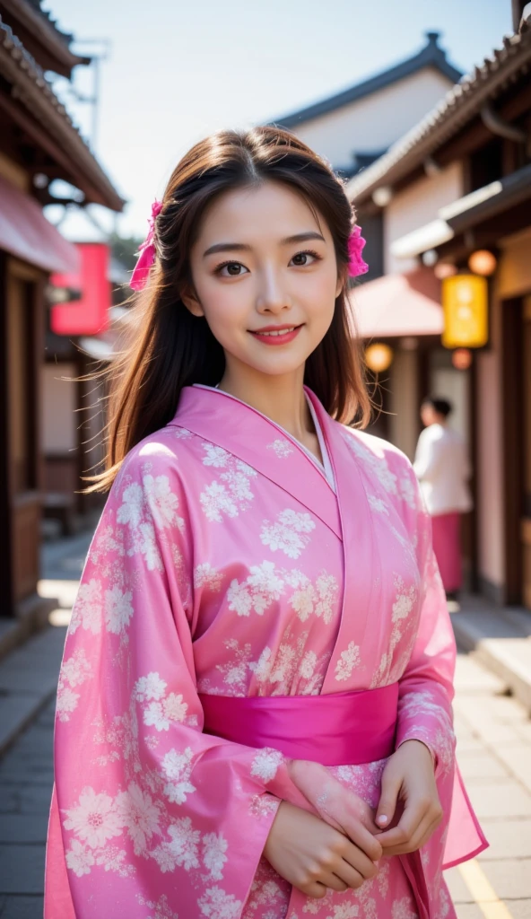 ( Very Pretty Cute Girl ), Standing front、Symmetrical、 long hair、smile、( very cute face:1.2),12, ( Sparkling Crystal Clear Attractive Big Eyes ),   beautiful eyes in every detail  ,  double eyelids with attention to detail, (smile), ( Realistic Pictures:1.2), Glamorous Shiny Pink Geisha Apprentice Outfit, Furusou Costume , Very Beautiful Japanese Kimono , Costume lighting,In town