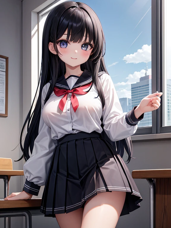 Masterpiece, best quality, HD ultra, Yukinoshita Yukino, 1girl, sobu school uniform , highlights, SKIRT, full body, anime, Colored, 8k, long hair, detailed blue eyes, classroom background , wallpaper, breast, smile