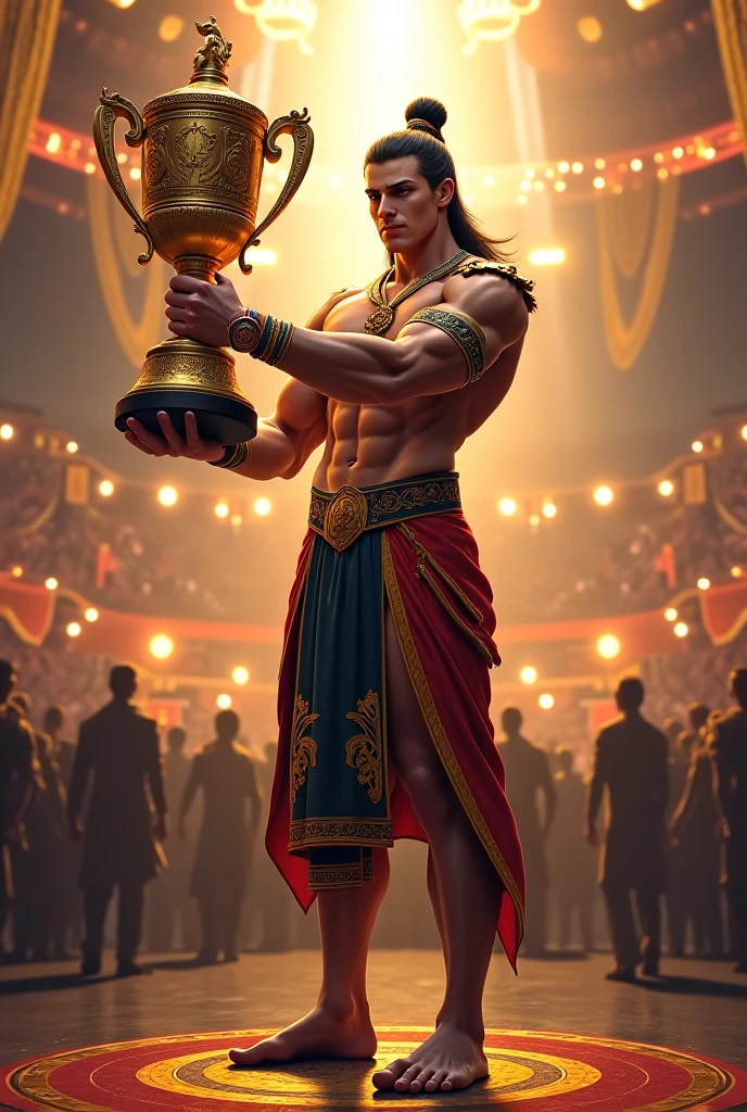 Mighty gladiator, upper torso exposed, legs unclothed from thighs to feet, flowing long curls, detailed muscular physique, lifelike depiction, 4K resolution. Background: Roman colosseum filled with cheering crowd.,32k uhd, best quality, masterpiece, super detail, high details