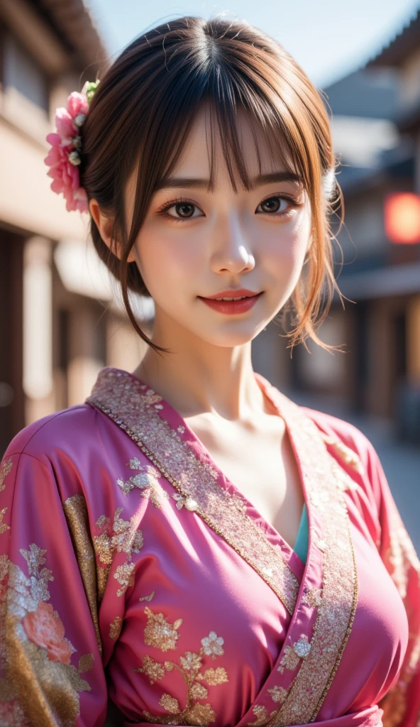 ( Very Pretty Cute Girl ), Standing front、Symmetrical、 long hair、smile、( very cute face:1.2),12, ( Sparkling Crystal Clear Attractive Big Eyes ),  beautiful eyes in every detail  ,  double eyelids with attention to detail, (smile), ( Realistic Pictures:1.2), Glamorous Shiny Pink Geisha Apprentice Outfit, Furusou Costume , Very Beautiful Japanese Kimono , Costume lighting,In town