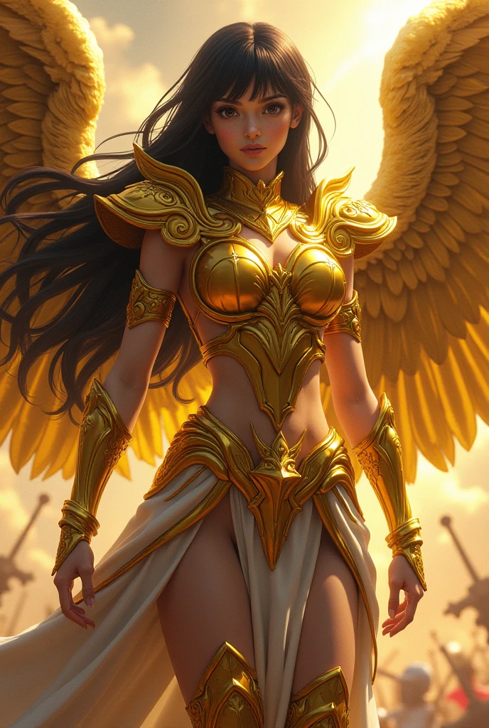 a woman with wings and a crown on her head, Armadura Dourada Angelical, as a mystical valkyrie, deusa. Detalhes extremamente altos, Deusa Dourada Atena, menina do cavaleiro do anjo, mystical atlantean valkyrie, epic fantasy character art, mulher da fantasia, deusa bonita, arte de fantasia detalhada, Artgerm Julie Bell Beeple, zenescope, amazing fantasy art