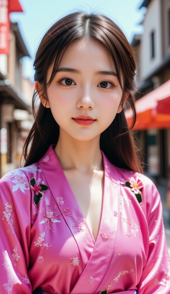 ( Very Pretty Cute Girl ), Standing front、Symmetrical、 long hair、smile、( very cute face:1.2),12, ( Sparkling Crystal Clear Attractive Big Eyes ),  beautiful eyes in every detail  ,  double eyelids with attention to detail, (smile), ( Realistic Pictures:1.2), Glamorous Shiny Pink Geisha Apprentice Outfit, Furusou Costume , Very Beautiful Japanese Kimono , Costume lighting,In town