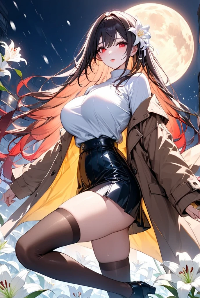 masutepiece, Best Quality, hight resolution, HMKH1,  Black pantyhose, Cowboy Shot、fullmoon、Colored leaves、self lift、Photo from below、((Black underwear))