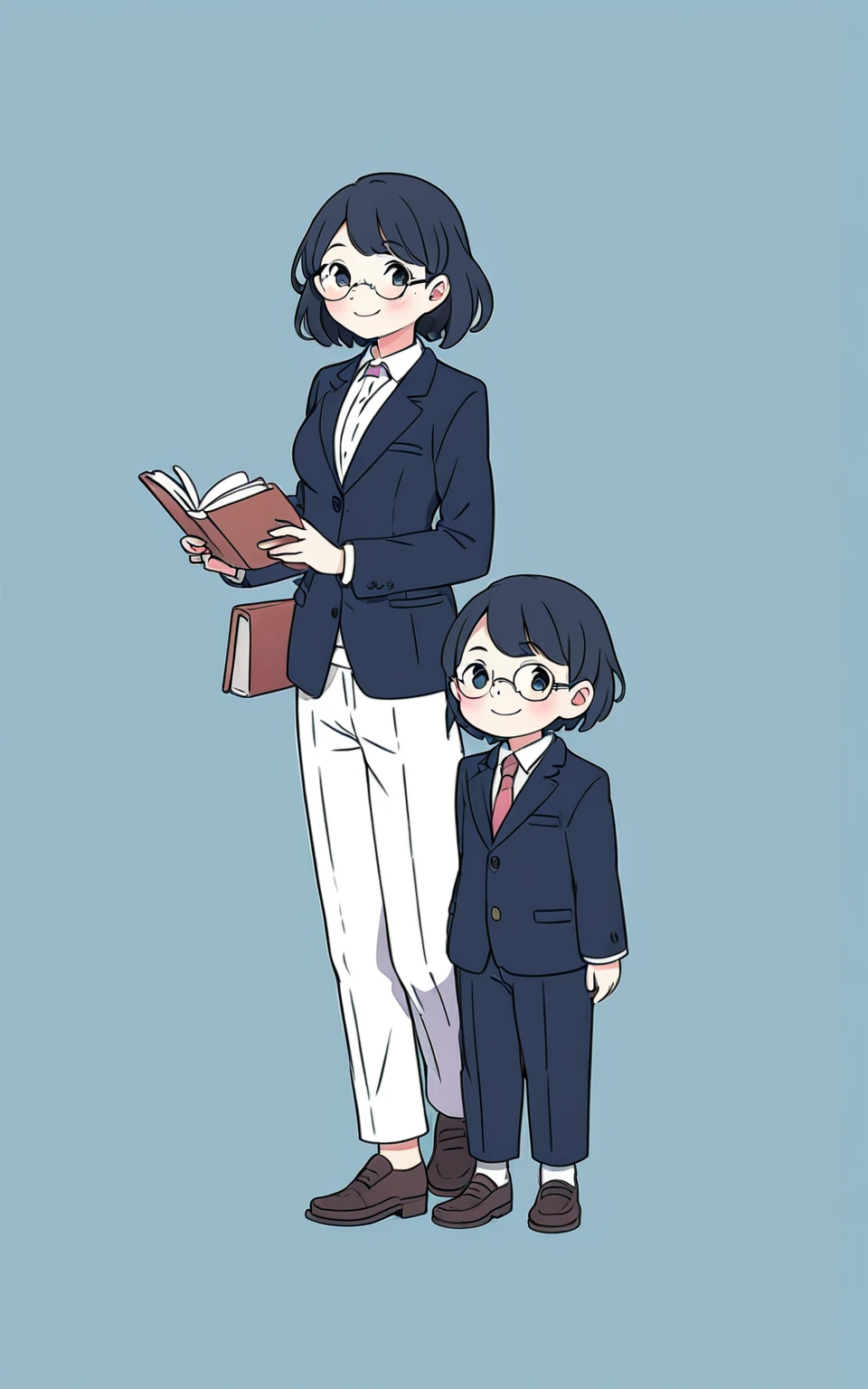 一人のwoman教師、woman、smile、gentlemen、 book、Glasses、 full body、 is wearing a suit、 simple background