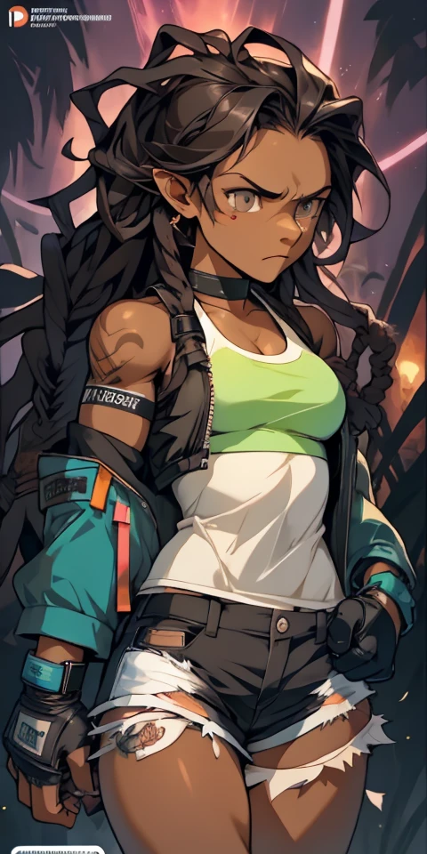 dark skin middle aged small  drugged Jamaican , tired and moody, on drugs, messy black dreads, tattoos, wearing graphic design jacket, ripped shorts, gloves , tank top, breasts spillage, holding boxing mitts, angry serious expression, glowing aura around body